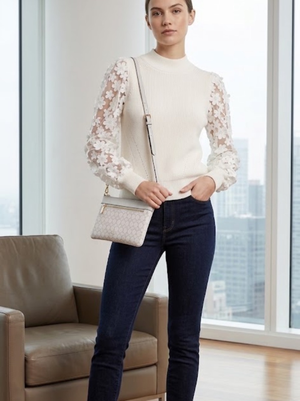 French Connection Sweater m Floral Lace Sleeves jeans loft new 28 bag bundle